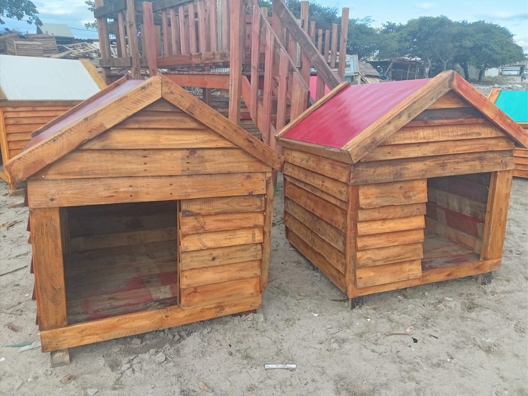 Two dog kennels with red roof